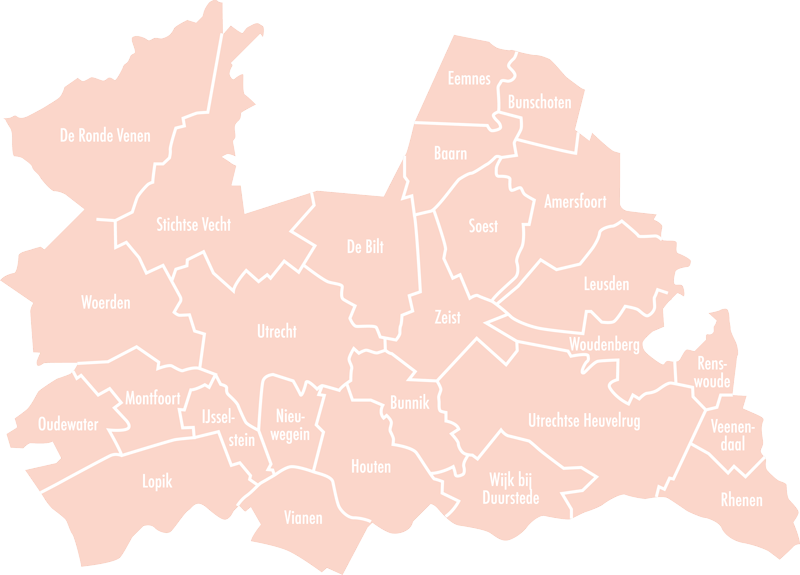 Kaartje van provincie Utrecht met steden erop