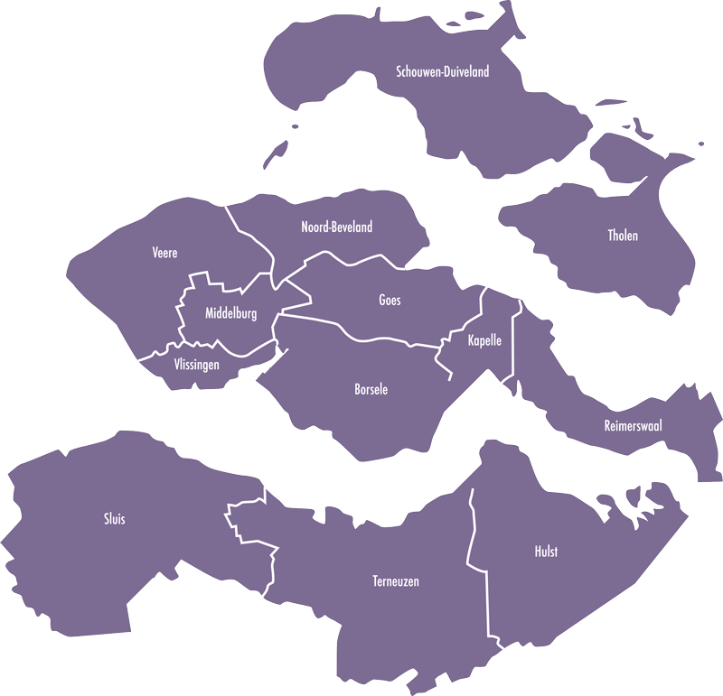 landkaartje Zeeland met plaatsnamen